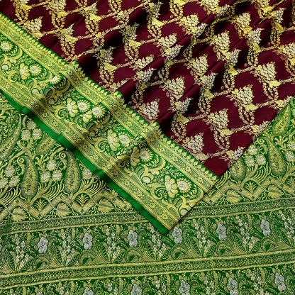 Vintage Banarasi Saree Pure Satin Silk Woven Brocade Zari Fabric Maroon & Green Heavy Craft Sari 5 Yards Indian Antique Textile Dress Making