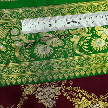 Vintage Banarasi Saree Pure Satin Silk Woven Brocade Zari Fabric Maroon & Green Heavy Craft Sari 5 Yards Indian Antique Textile Dress Making