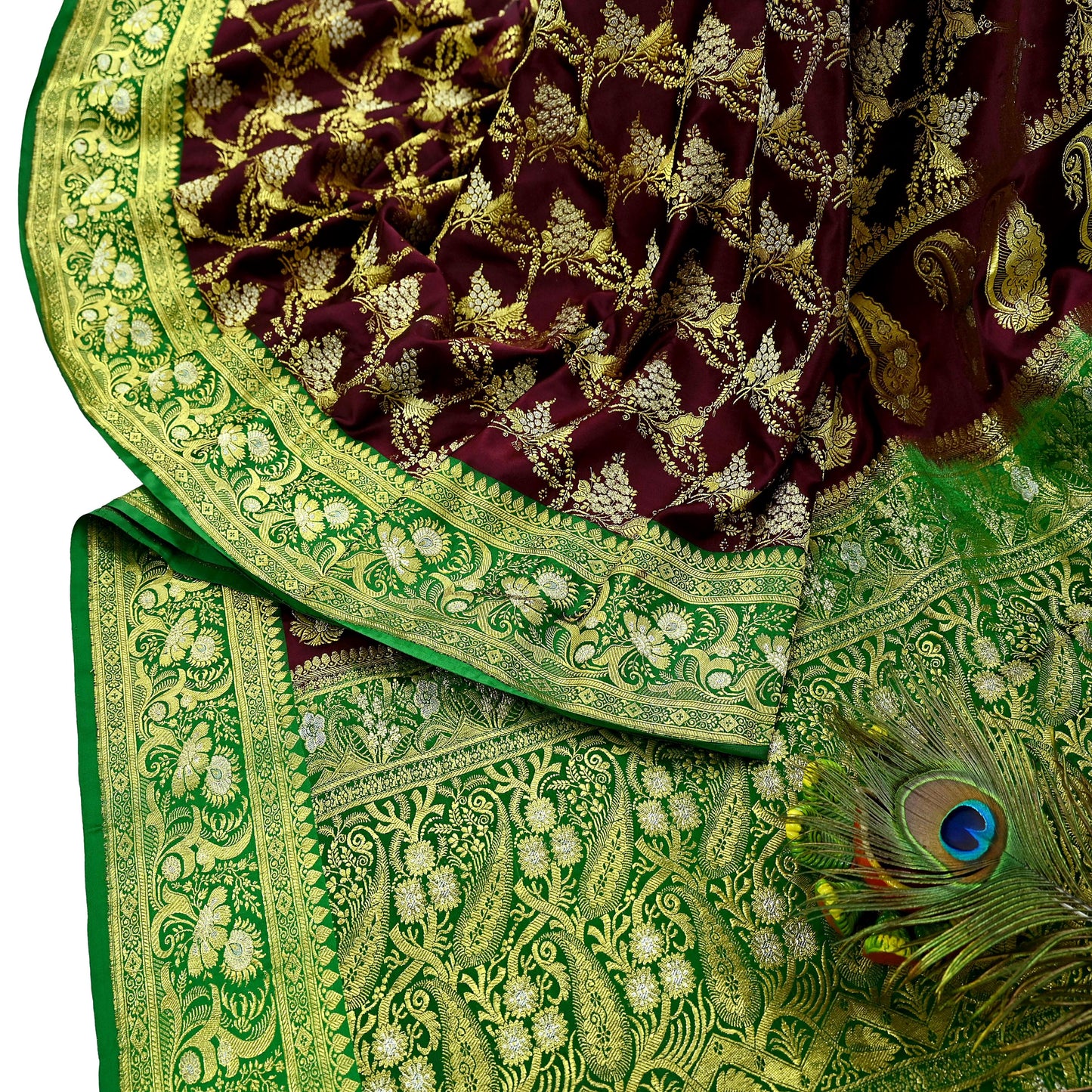 Vintage Banarasi Saree Pure Satin Silk Woven Brocade Zari Fabric Maroon & Green Heavy Craft Sari 5 Yards Indian Antique Textile Dress Making