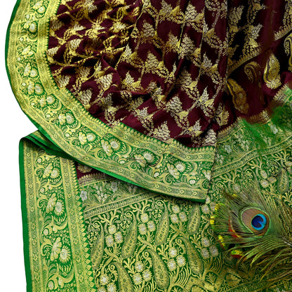 Vintage Banarasi Saree Pure Satin Silk Woven Brocade Zari Fabric Maroon & Green Heavy Craft Sari 5 Yards Indian Antique Textile Dress Making