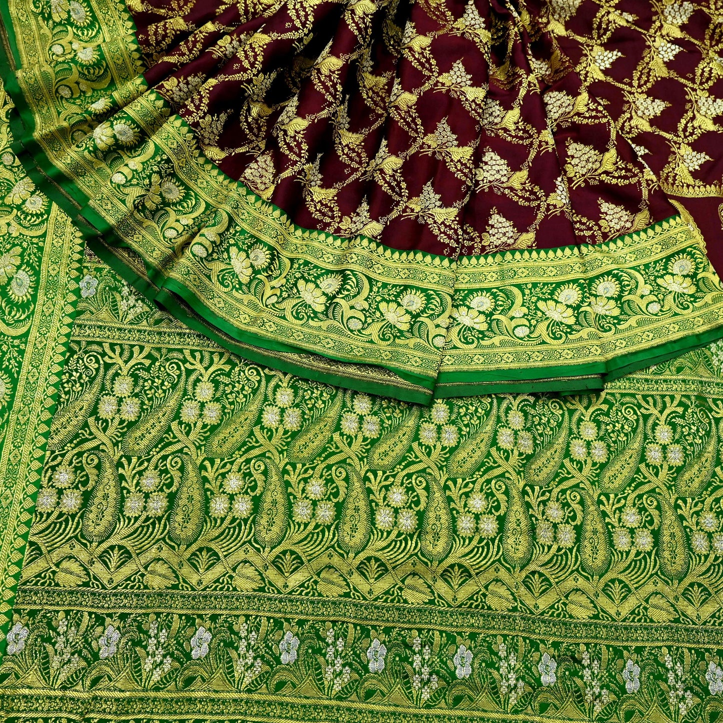 Vintage Banarasi Saree Pure Satin Silk Woven Brocade Zari Fabric Maroon & Green Heavy Craft Sari 5 Yards Indian Antique Textile Dress Making
