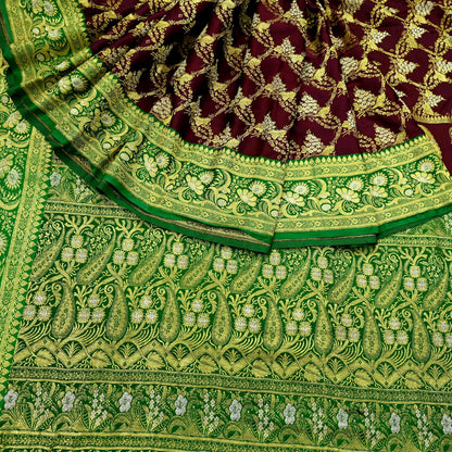 Vintage Banarasi Saree Pure Satin Silk Woven Brocade Zari Fabric Maroon & Green Heavy Craft Sari 5 Yards Indian Antique Textile Dress Making