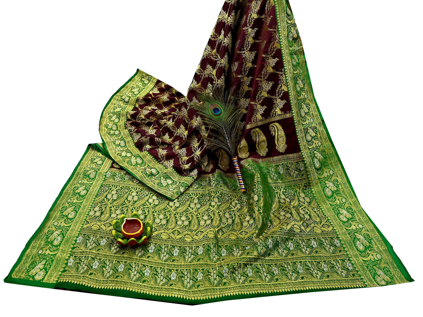 Vintage Banarasi Saree Pure Satin Silk Woven Brocade Zari Fabric Maroon & Green Heavy Craft Sari 5 Yards Indian Antique Textile Dress Making