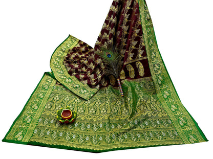 Vintage Banarasi Saree Pure Satin Silk Woven Brocade Zari Fabric Maroon & Green Heavy Craft Sari 5 Yards Indian Antique Textile Dress Making