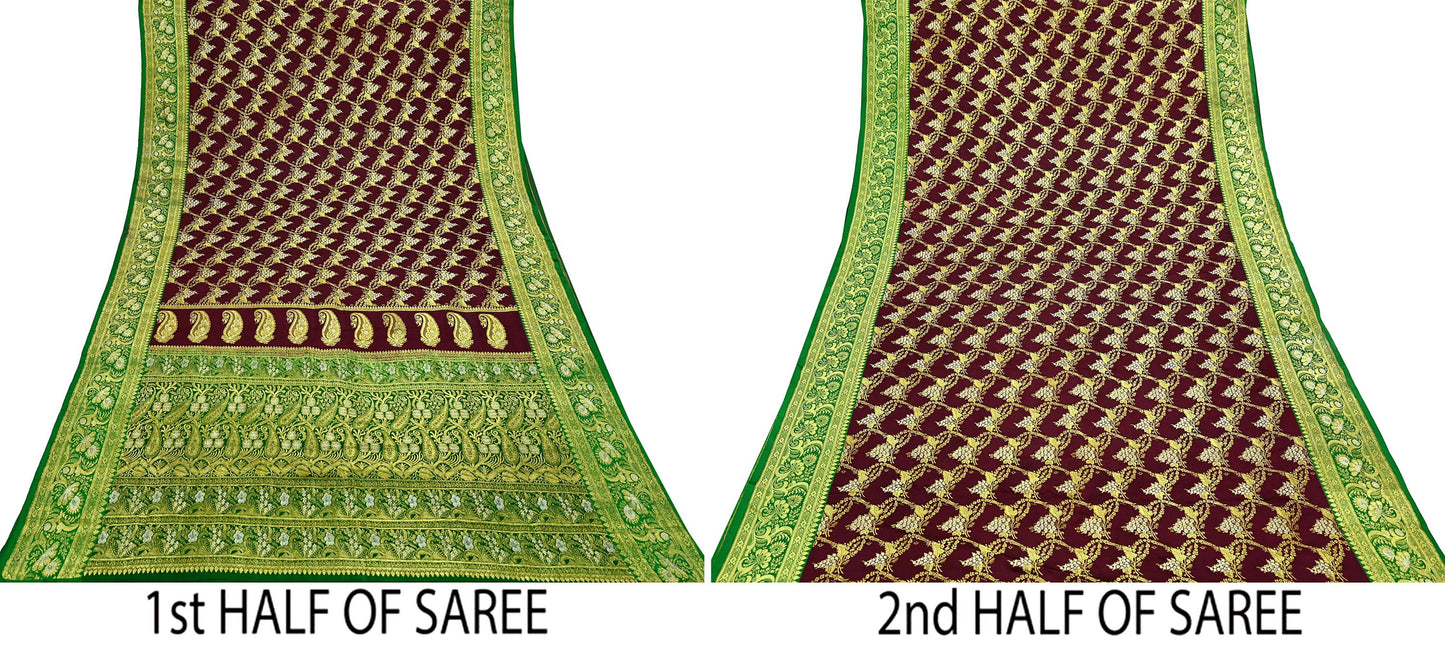 Vintage Banarasi Saree Pure Satin Silk Woven Brocade Zari Fabric Maroon & Green Heavy Craft Sari 5 Yards Indian Antique Textile Dress Making