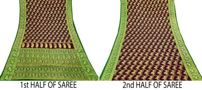 Vintage Banarasi Saree Pure Satin Silk Woven Brocade Zari Fabric Maroon & Green Heavy Craft Sari 5 Yards Indian Antique Textile Dress Making