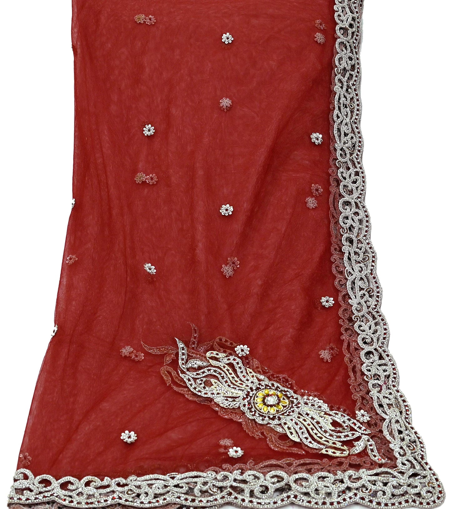 Indian Vintage Heavy Bridal Red Dupatta Net Mesh Long Stole Hand Embroidered Scarves Zardozi Dabka Zari Wedding dupatta veil hijab