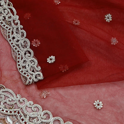 Indian Vintage Heavy Bridal Red Dupatta Net Mesh Long Stole Hand Embroidered Scarves Zardozi Dabka Zari Wedding dupatta veil hijab