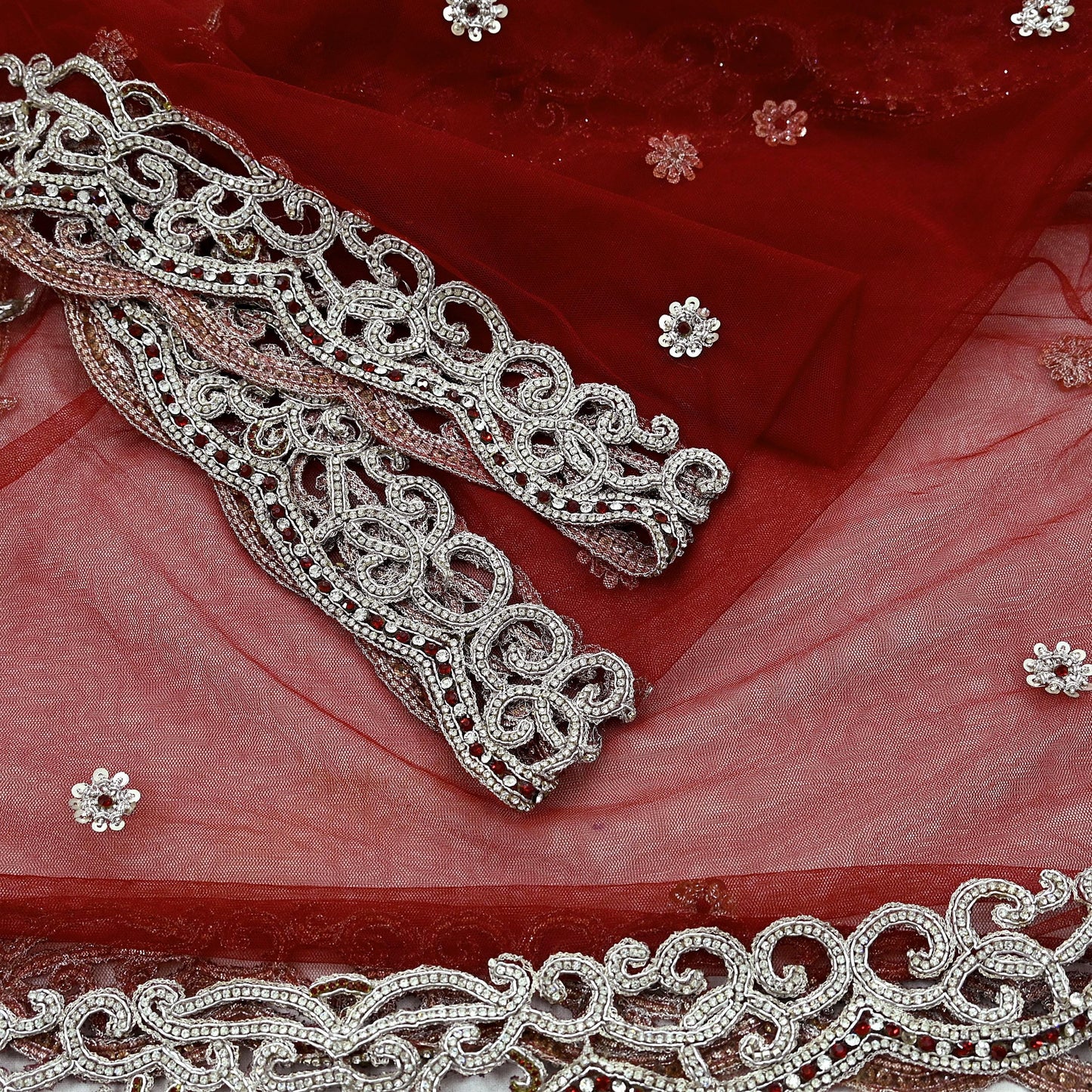 Indian Vintage Heavy Bridal Red Dupatta Net Mesh Long Stole Hand Embroidered Scarves Zardozi Dabka Zari Wedding dupatta veil hijab