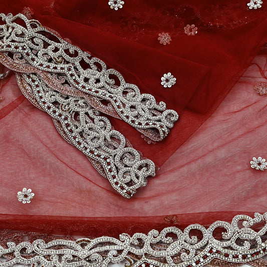 Indian Vintage Heavy Bridal Red Dupatta Net Mesh Long Stole Hand Embroidered Scarves Zardozi Dabka Zari Wedding dupatta veil hijab