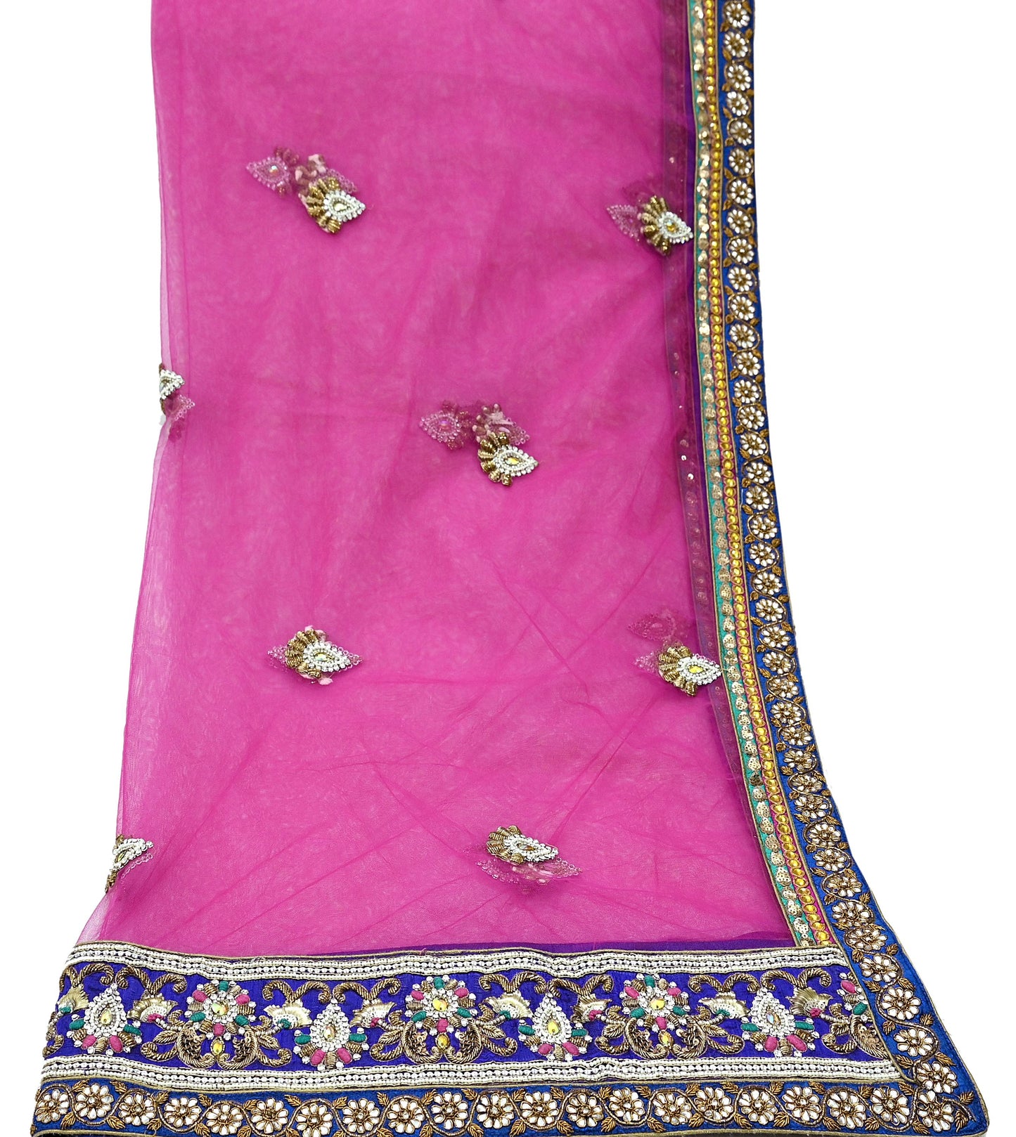 Indian Vintage Heavy Bridal Pink Dupatta Net Mesh Long Stole Hand Embroidered Scarves Golden Zardozi Dabka Zari Sequins Wedding Veil Hijab