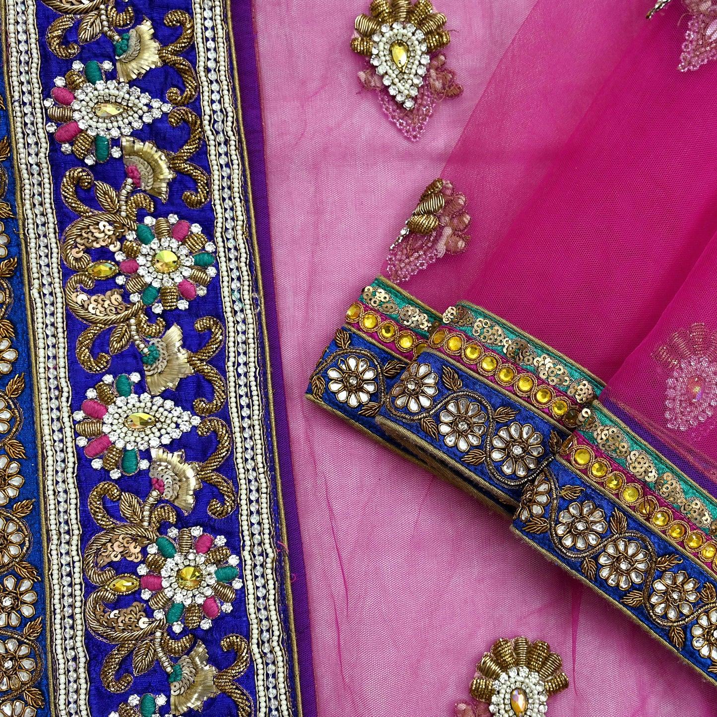 Indian Vintage Heavy Bridal Pink Dupatta Net Mesh Long Stole Hand Embroidered Scarves Golden Zardozi Dabka Zari Sequins Wedding Veil Hijab