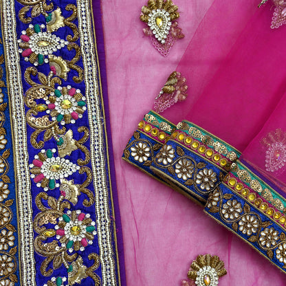 Indian Vintage Heavy Bridal Pink Dupatta Net Mesh Long Stole Hand Embroidered Scarves Golden Zardozi Dabka Zari Sequins Wedding Veil Hijab