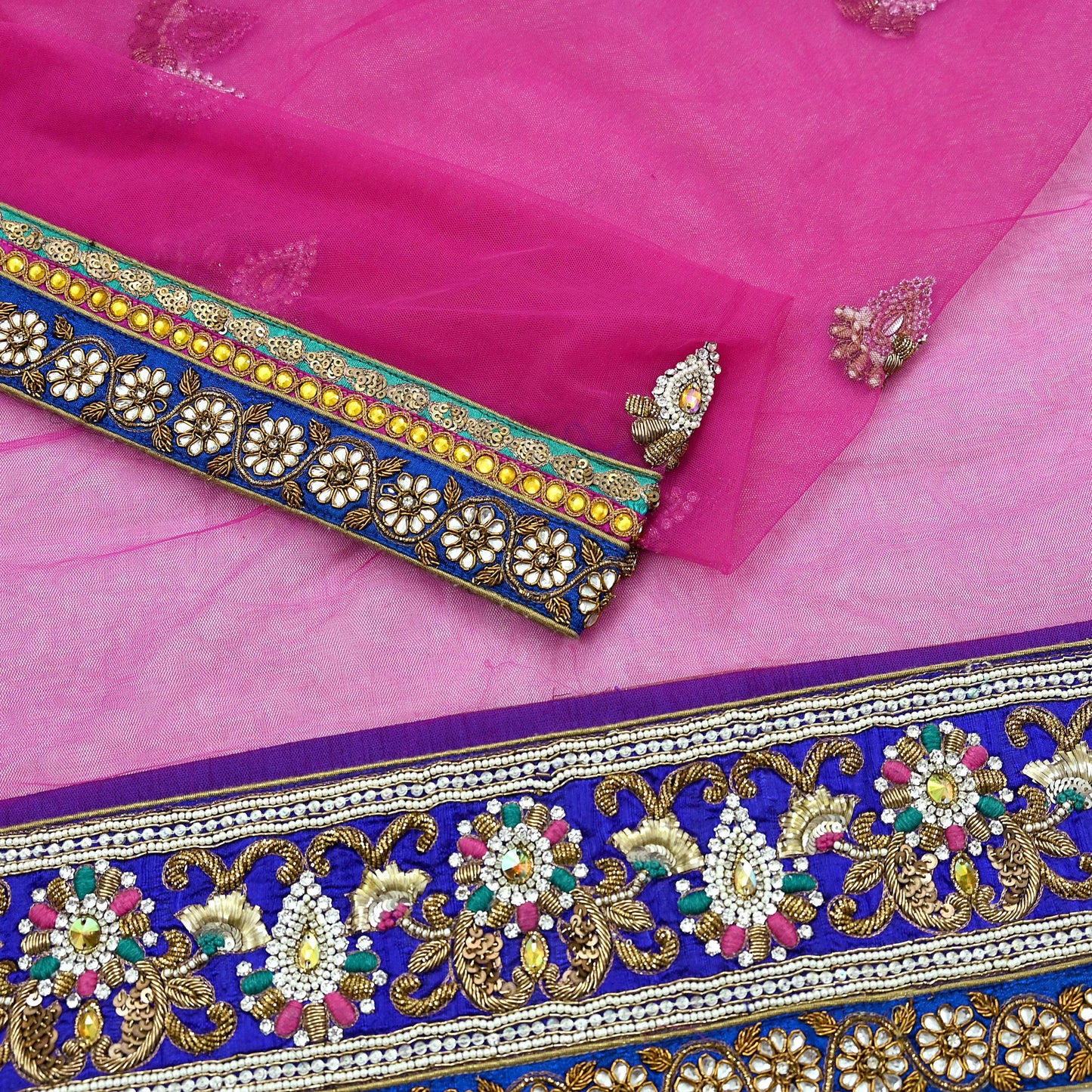Indian Vintage Heavy Bridal Pink Dupatta Net Mesh Long Stole Hand Embroidered Scarves Golden Zardozi Dabka Zari Sequins Wedding Veil Hijab