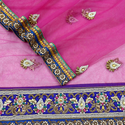 Indian Vintage Heavy Bridal Pink Dupatta Net Mesh Long Stole Hand Embroidered Scarves Golden Zardozi Dabka Zari Sequins Wedding Veil Hijab