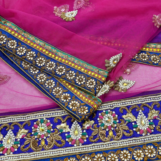 Indian Vintage Heavy Bridal Pink Dupatta Net Mesh Long Stole Hand Embroidered Scarves Golden Zardozi Dabka Zari Sequins Wedding Veil Hijab