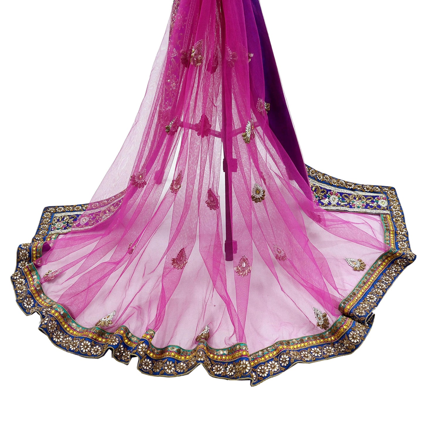 Indian Vintage Heavy Bridal Pink Dupatta Net Mesh Long Stole Hand Embroidered Scarves Golden Zardozi Dabka Zari Sequins Wedding Veil Hijab