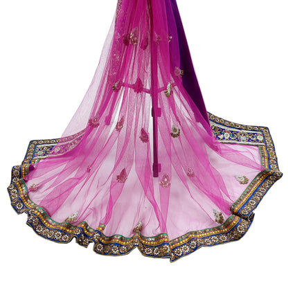 Indian Vintage Heavy Bridal Pink Dupatta Net Mesh Long Stole Hand Embroidered Scarves Golden Zardozi Dabka Zari Sequins Wedding Veil Hijab