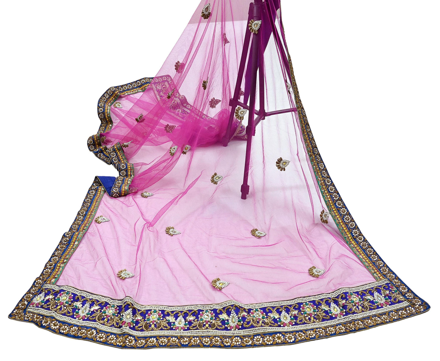 Indian Vintage Heavy Bridal Pink Dupatta Net Mesh Long Stole Hand Embroidered Scarves Golden Zardozi Dabka Zari Sequins Wedding Veil Hijab