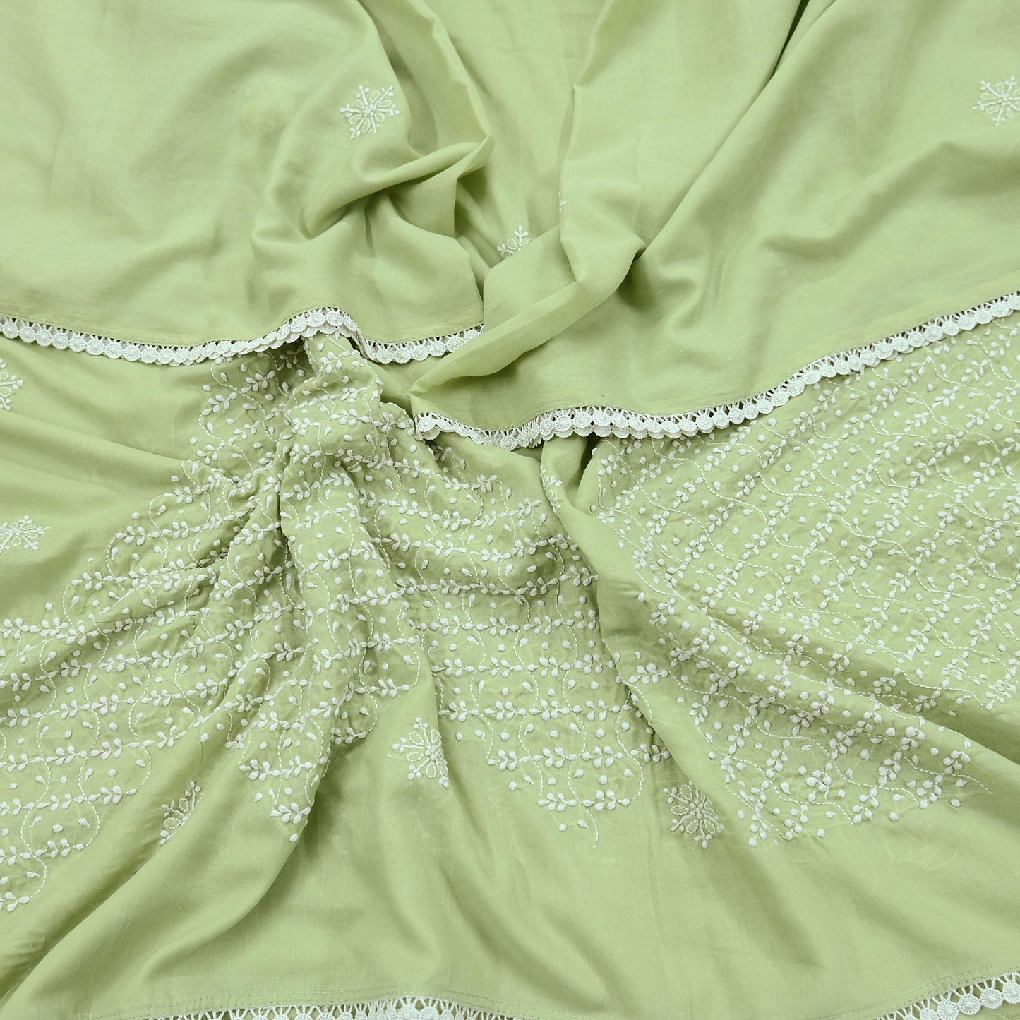 Indian Vintage Dupatta Green Long Stole Cotton Handmade Chikankari Scarves Veil Scarf Wrap Hippie Boho Soft