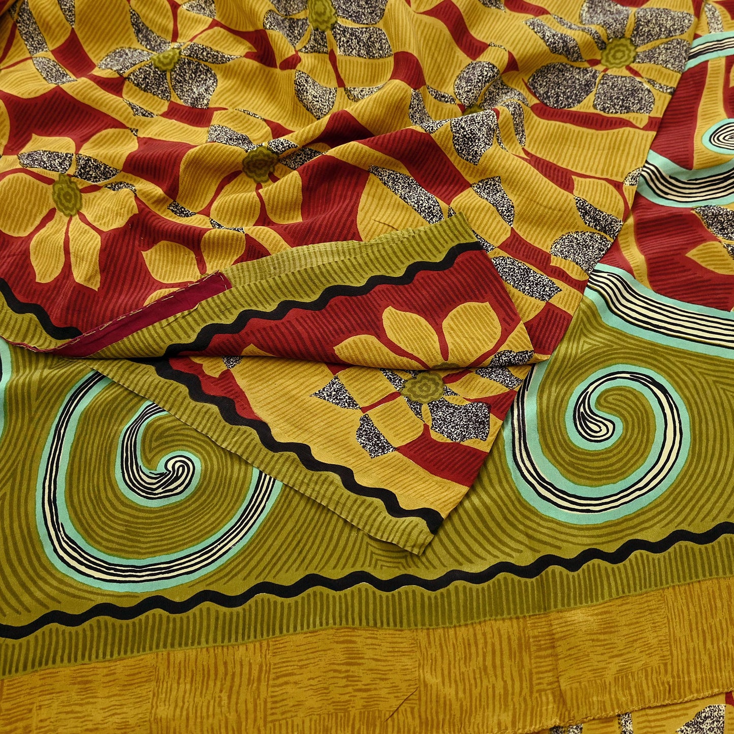 Indian Vintage Sari Multi Pure Crepe Silk Printed Saree 5yard Sewing Craft Fabric Wrap Dressmaking Crafting Upcycle Quilting Abstract