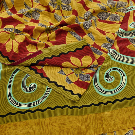 Indian Vintage Sari Multi Pure Crepe Silk Printed Saree 5yard Sewing Craft Fabric Wrap Dressmaking Crafting Upcycle Quilting Abstract