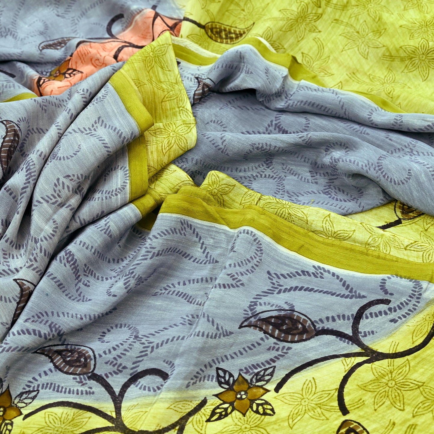 Indian Vintage Sari Green & Gray Pure Crepe Silk Printed Sarees 5yd Sewing Soft Craft Fabric Wrap Upcycle Quilting Crafting Dress making