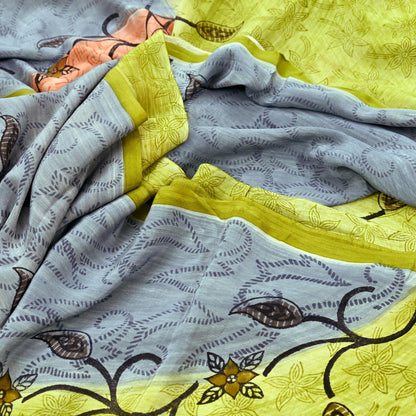 Indian Vintage Sari Green & Gray Pure Crepe Silk Printed Sarees 5yd Sewing Soft Craft Fabric Wrap Upcycle Quilting Crafting Dress making