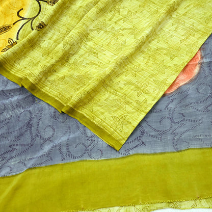 Indian Vintage Sari Green & Gray Pure Crepe Silk Printed Sarees 5yd Sewing Soft Craft Fabric Wrap Upcycle Quilting Crafting Dress making