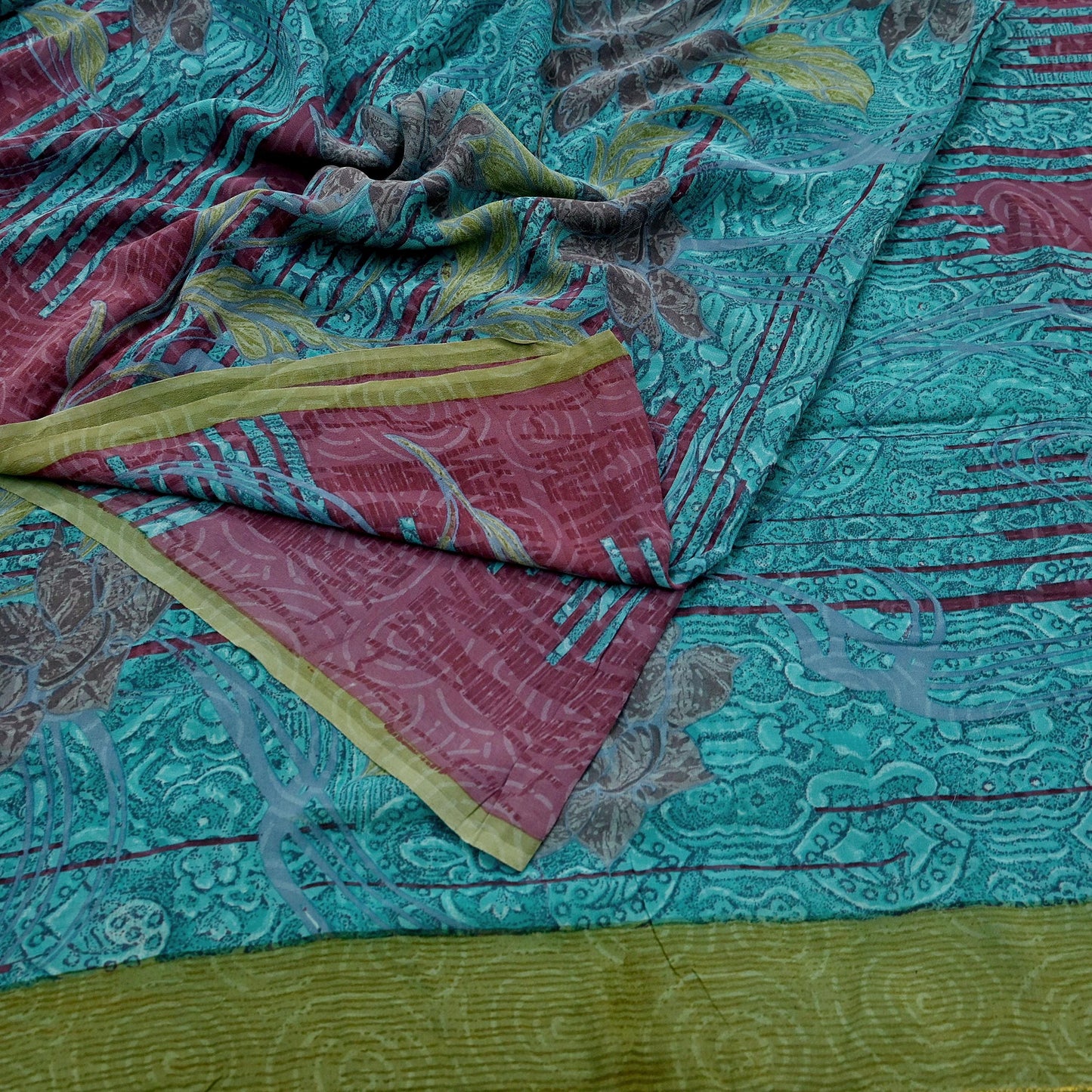 Indian Vintage Sari Pure Georgette Silk Printed Saree Craft Fabric Sewing 5Yd Soft Light Dress Making Abstract Crafting Quilting