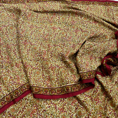Indian Vintage Sari Beige Pure Silk Printed Saree 6Yards Soft Floral Fabric for Dressmaking, Quilting, Crafting, Sewing, Dress Making