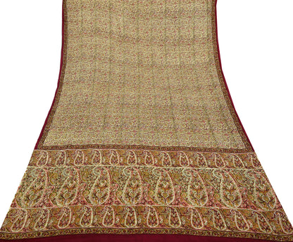 Indian Vintage Sari Beige Pure Silk Printed Saree 6Yards Soft Floral Fabric for Dressmaking, Quilting, Crafting, Sewing, Dress Making