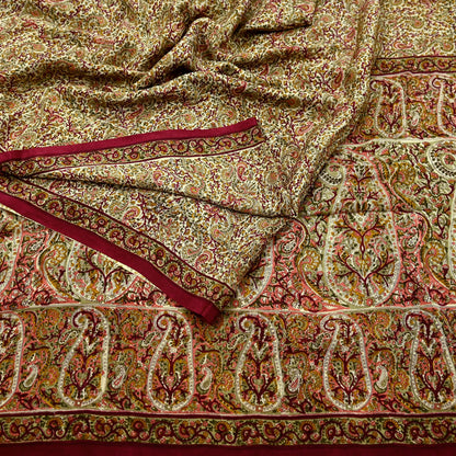 Indian Vintage Sari Beige Pure Silk Printed Saree 6Yards Soft Floral Fabric for Dressmaking, Quilting, Crafting, Sewing, Dress Making