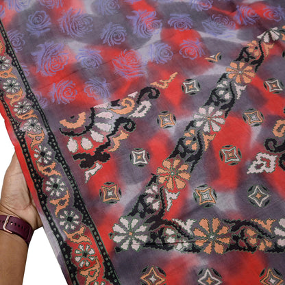 Indian Vintage Saree Gray & Red 100% Pure Silk Printed Saree Sari Fabric 5yard Sewing Craft DressMaking  Soft Abstract