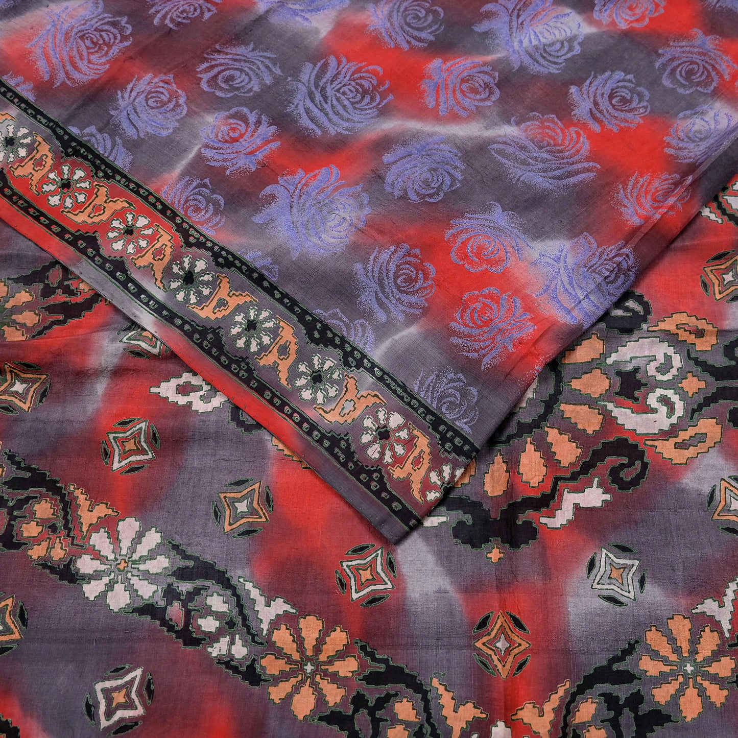 Indian Vintage Saree Gray & Red 100% Pure Silk Printed Saree Sari Fabric 5yard Sewing Craft DressMaking  Soft Abstract