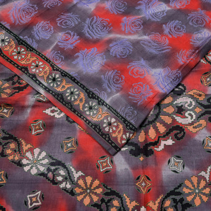 Indian Vintage Saree Gray & Red 100% Pure Silk Printed Saree Sari Fabric 5yard Sewing Craft DressMaking  Soft Abstract