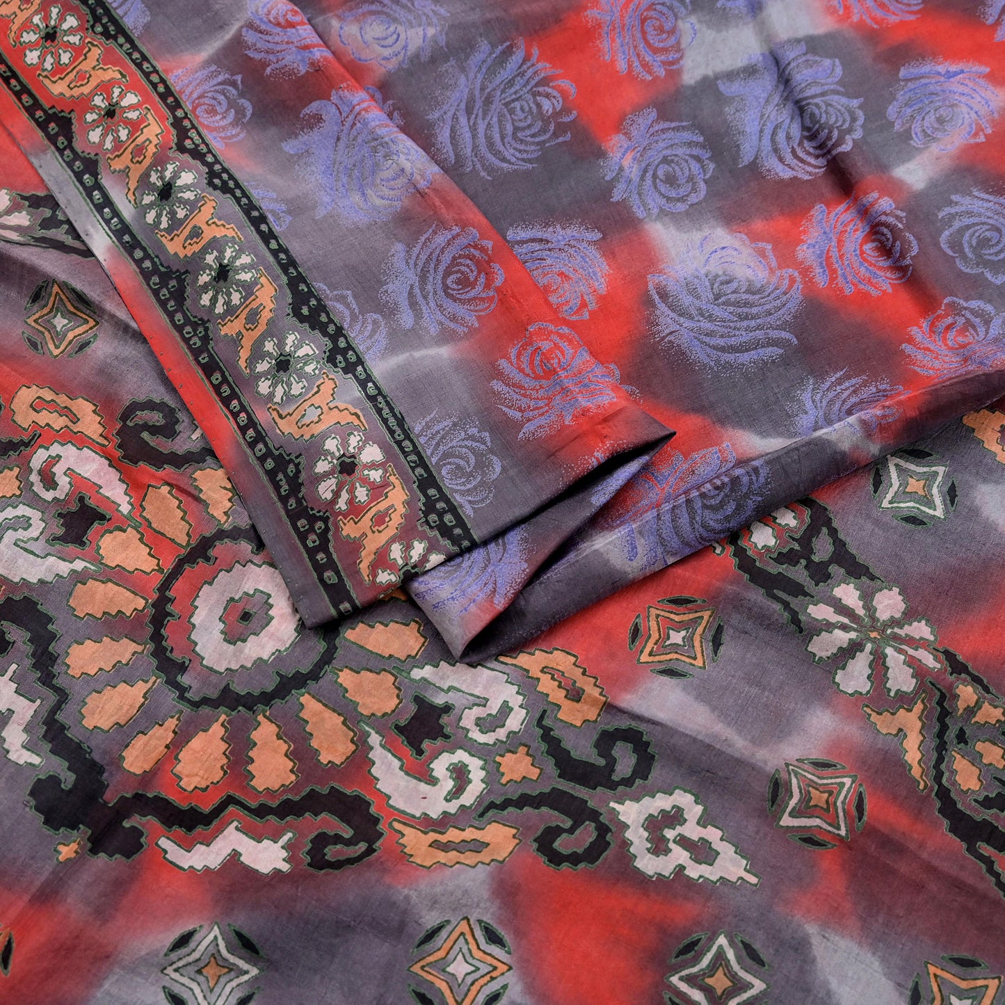 Indian Vintage Saree Gray & Red 100% Pure Silk Printed Saree Sari Fabric 5yard Sewing Craft DressMaking  Soft Abstract