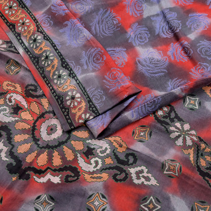 Indian Vintage Saree Gray & Red 100% Pure Silk Printed Saree Sari Fabric 5yard Sewing Craft DressMaking  Soft Abstract