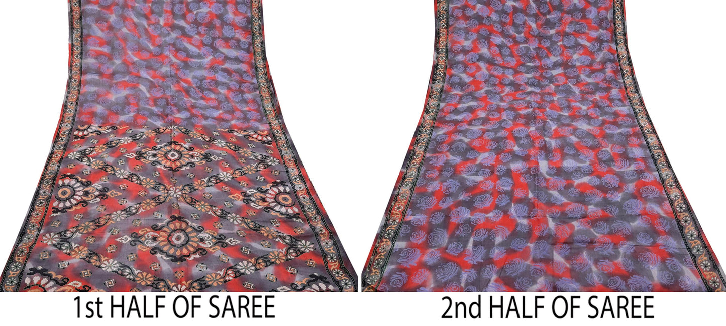 Indian Vintage Saree Gray & Red 100% Pure Silk Printed Saree Sari Fabric 5yard Sewing Craft DressMaking  Soft Abstract