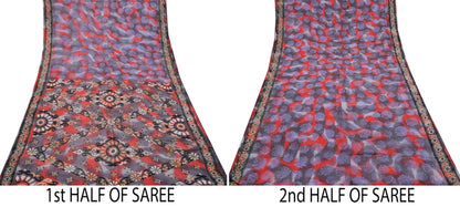 Indian Vintage Saree Gray & Red 100% Pure Silk Printed Saree Sari Fabric 5yard Sewing Craft DressMaking  Soft Abstract