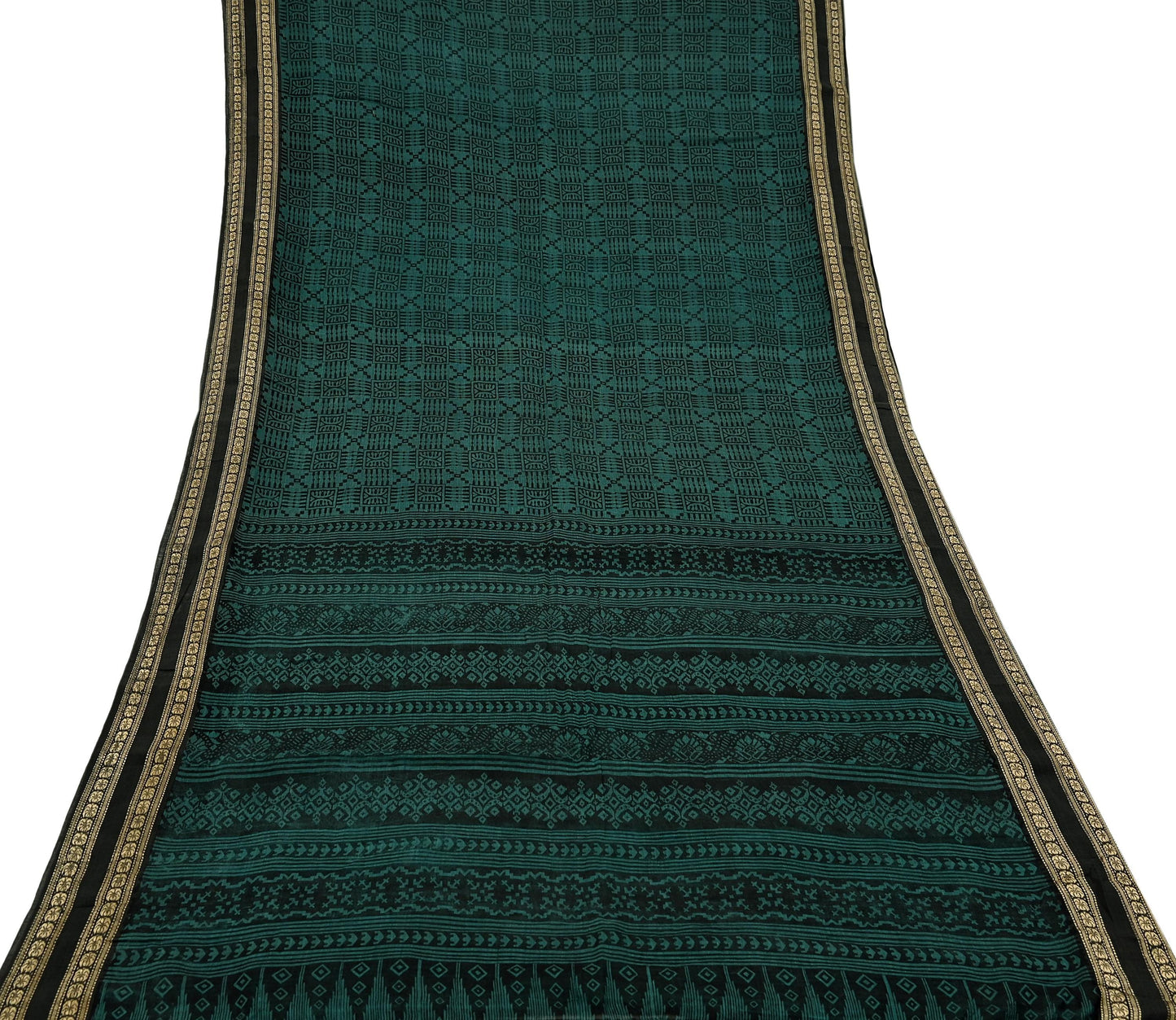 Indian Vintage Saree Black & Green Printed Pure Cotton Sari Fabric Soft Floral 5Yd Sarong Wrap Boho Fabric Kimono