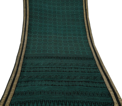 Indian Vintage Saree Black & Green Printed Pure Cotton Sari Fabric Soft Floral 5Yd Sarong Wrap Boho Fabric Kimono