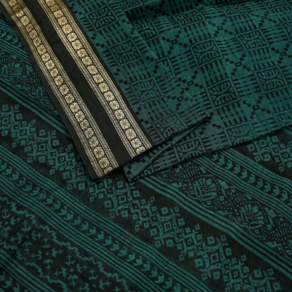 Indian Vintage Saree Black & Green Printed Pure Cotton Sari Fabric Soft Floral 5Yd Sarong Wrap Boho Fabric Kimono