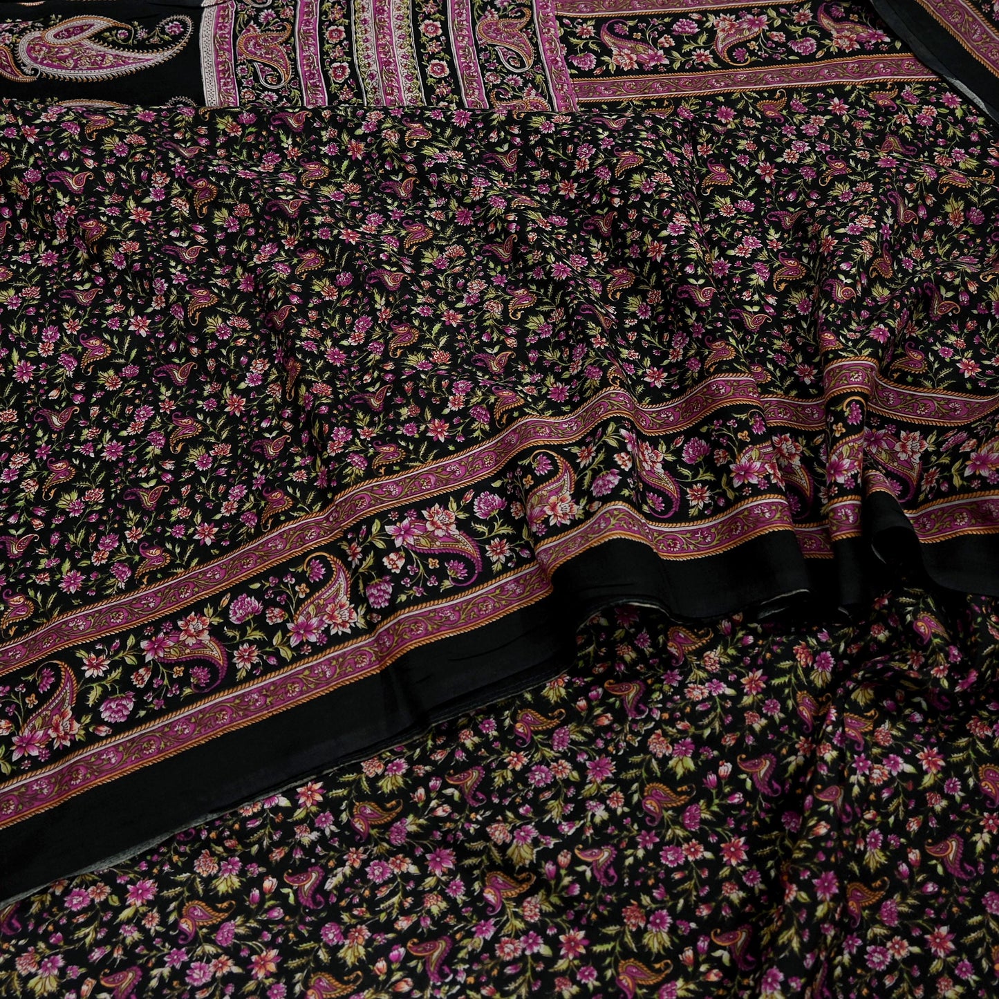 Indian Vintage Black Saree Printed Pure Cotton Sari Craft Fabric 5Yd Sewing Sarong Wrap Boho Floral Quilting Crafting Dress Making