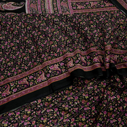 Indian Vintage Black Saree Printed Pure Cotton Sari Craft Fabric 5Yd Sewing Sarong Wrap Boho Floral Quilting Crafting Dress Making