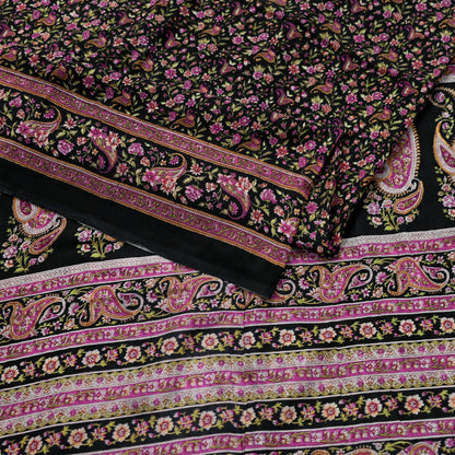 Indian Vintage Black Saree Printed Pure Cotton Sari Craft Fabric 5Yd Sewing Sarong Wrap Boho Floral Quilting Crafting Dress Making