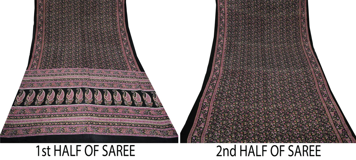 Indian Vintage Black Saree Printed Pure Cotton Sari Craft Fabric 5Yd Sewing Sarong Wrap Boho Floral Quilting Crafting Dress Making