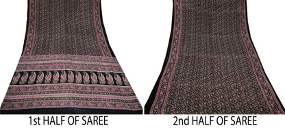 Indian Vintage Black Saree Printed Pure Cotton Sari Craft Fabric 5Yd Sewing Sarong Wrap Boho Floral Quilting Crafting Dress Making