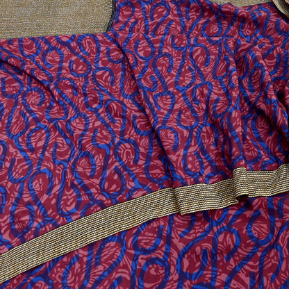 Indian Vintage Sari Pink & Blue Artificial silk Printed Sarees 5yd Craft Fabric Sewing Floral Soft Dress making Quilting Crafting Upcycle