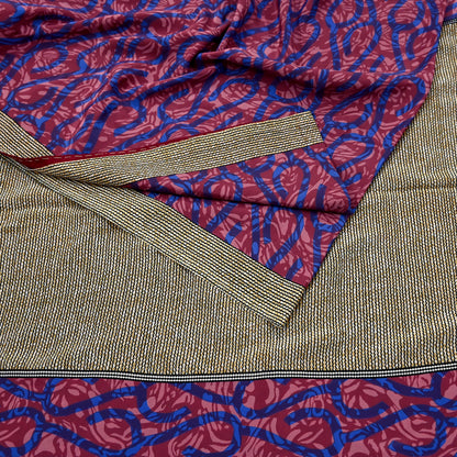 Indian Vintage Sari Pink & Blue Artificial silk Printed Sarees 5yd Craft Fabric Sewing Floral Soft Dress making Quilting Crafting Upcycle